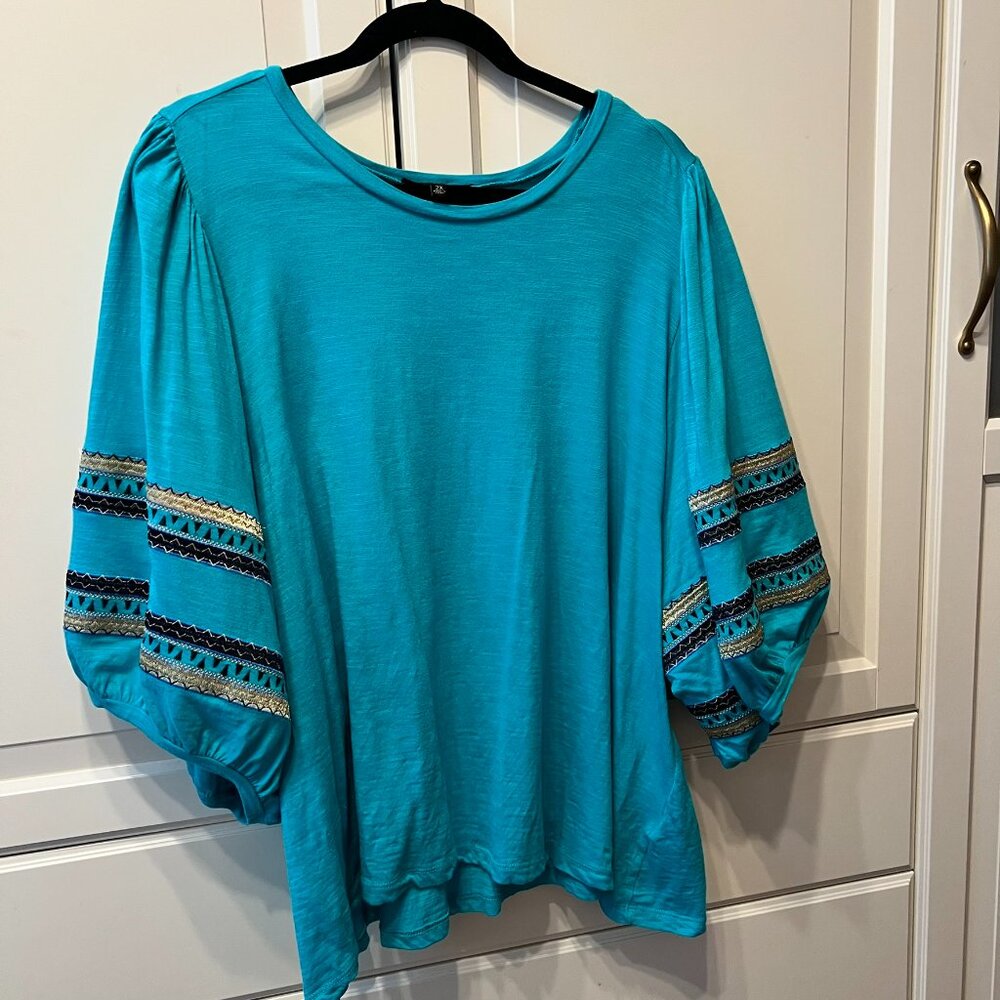 DG2 by‎ DIANE GILMAN Teal Green Embroidered Balloon-Sleeve Top Blouse Tee (2X) - Picture 2 of 14
